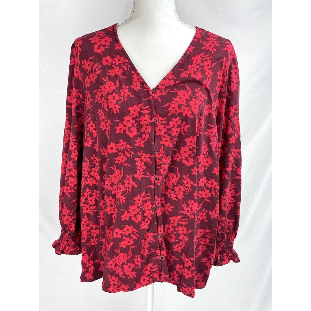 Lands’ End Shirt Women 1X 16W-18W Red Floral Button Long Sleeve Smocked Sleeve‎